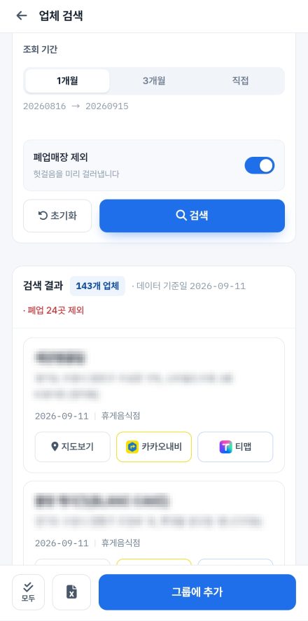 업체 검색 화면 — 업종·지역·조회 기간으로 좁히고 폐업매장을 제외한 결과 143개