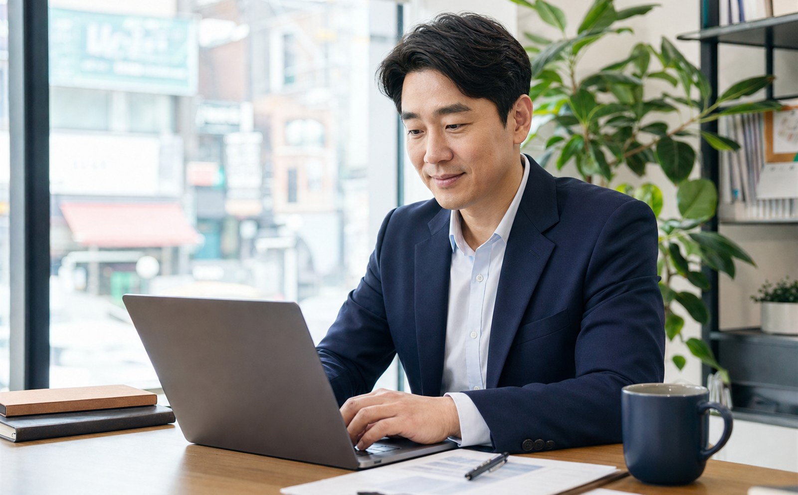 작은 사무실에서 노트북으로 신규 개업 음식점을 찾는 한국인 영업 담당자