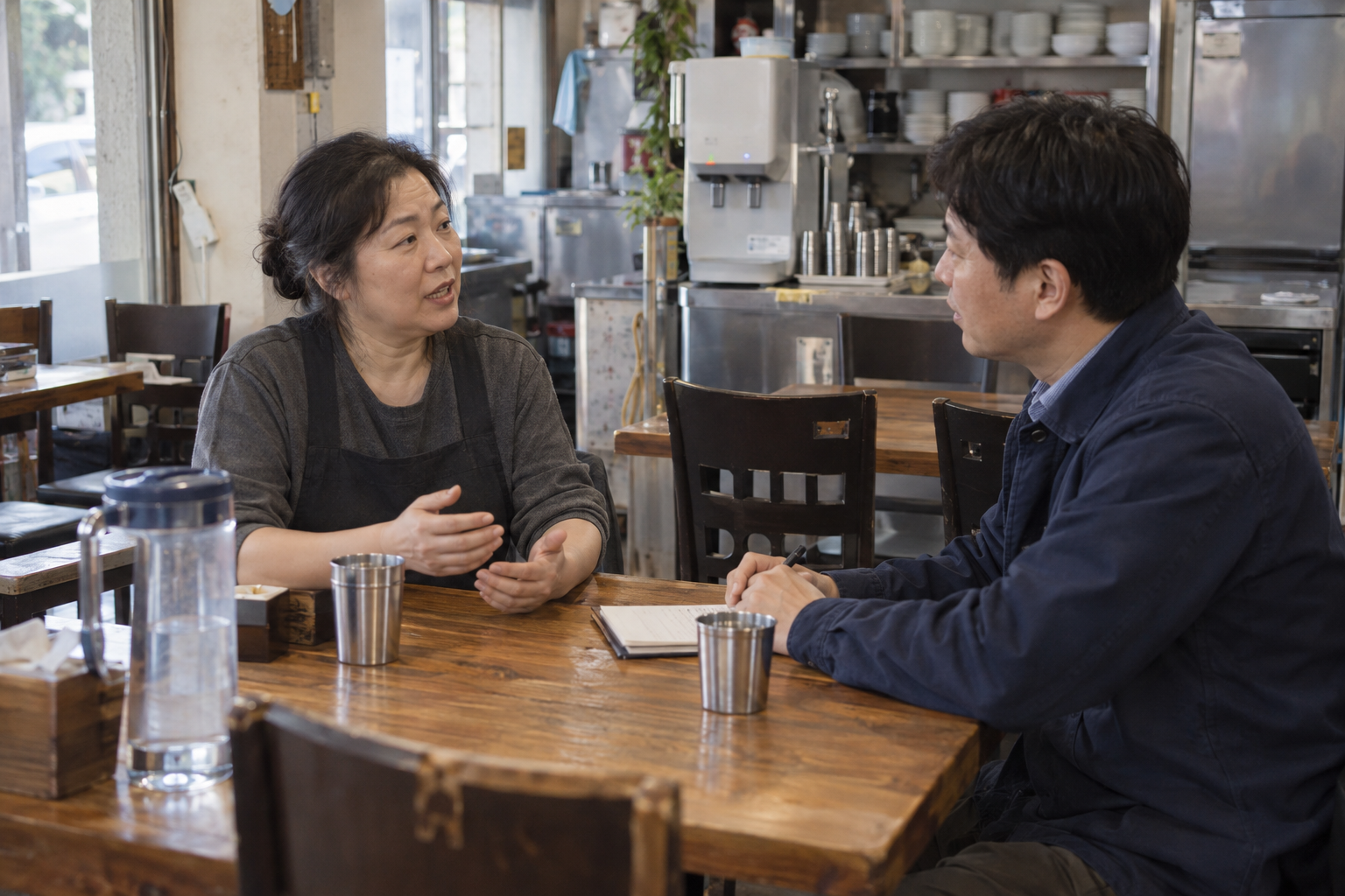 식당 운영자와 상담하는 영업자를 표현한 AI 생성 이미지