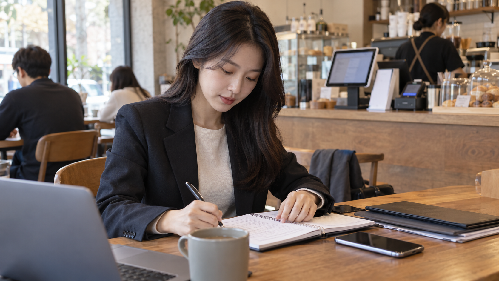 매장 인터넷 상담을 앞두고 노트와 장비 확인 자료를 준비하는 장면